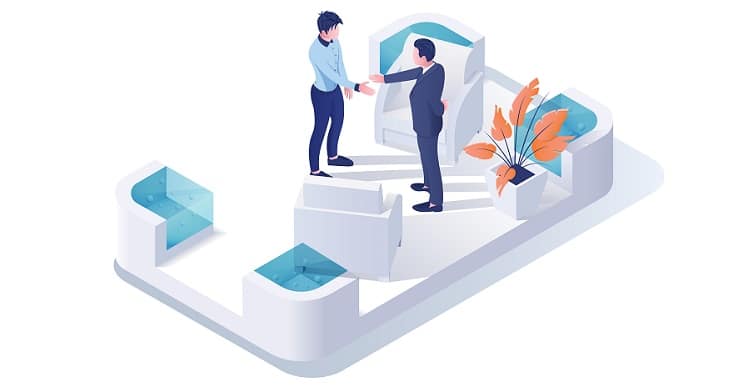 recruiting agency isometric illustration. coworkers, candidate and employer 3d cartoon characters, headhunting, human resources department.